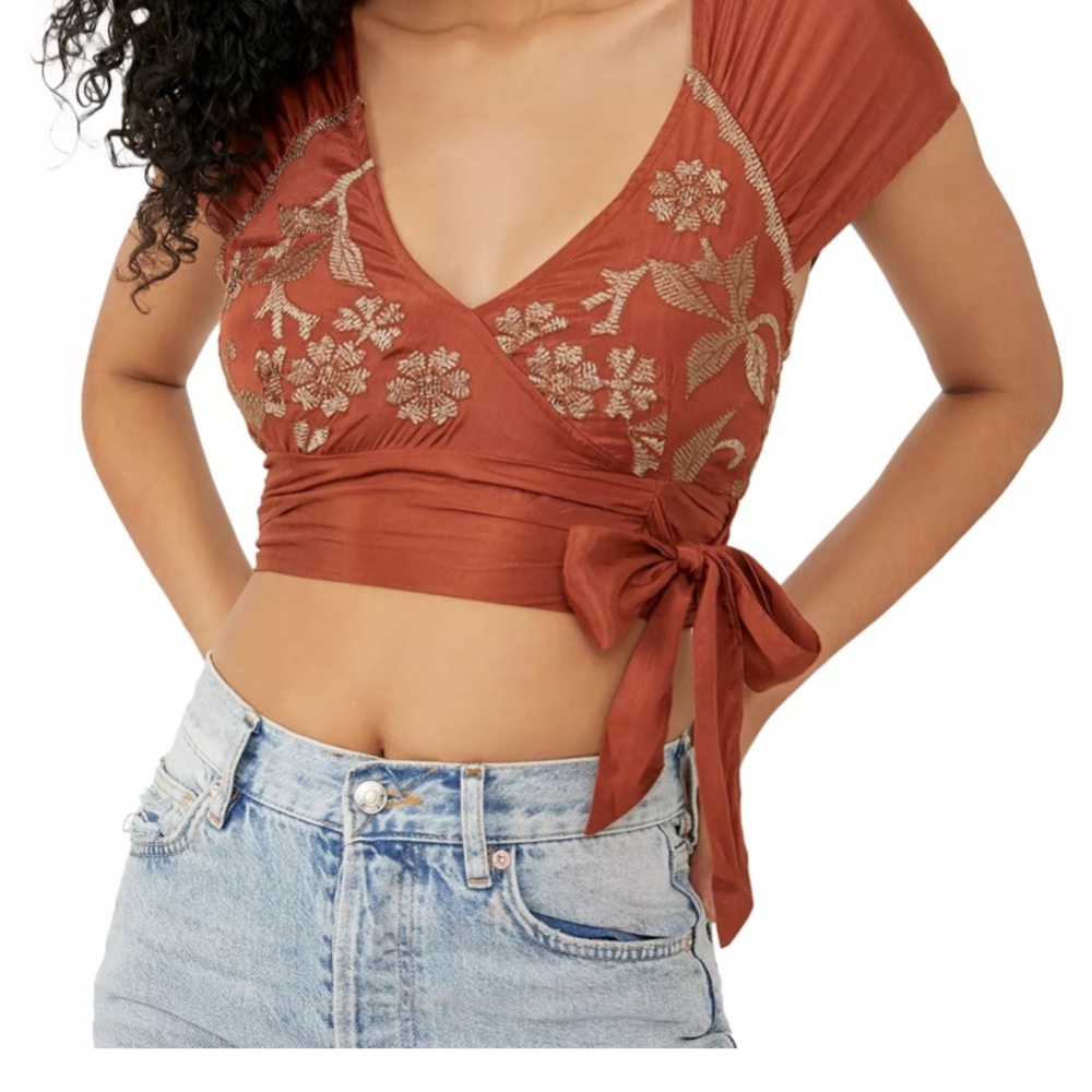 Free People Rust Embroidered Crop Top